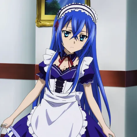 astarte\(strike the blood\),1girl,blue eyes,blue hair,straight hair,hair between eyes,long hair,flat chested,maid dress,red ribbon,apron