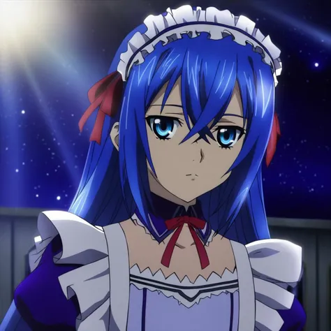 astarte\(strike the blood\),1girl,blue eyes,blue hair,straight hair,hair between eyes,long hair,flat chested,maid dress,red ribbon,apron, astarte\(strike the blood\),1girl,blue eyes,blue hair,straight hair,hair between eyes,long hair,flat chested,maid dress,red ribbon,apron, celestial, heavenly atmosphere, divine, attractive, full pretty, very detailed, dramatic, intricate, elegant, highly enhanced, cinematic, light shining, sharp focus, fine detail