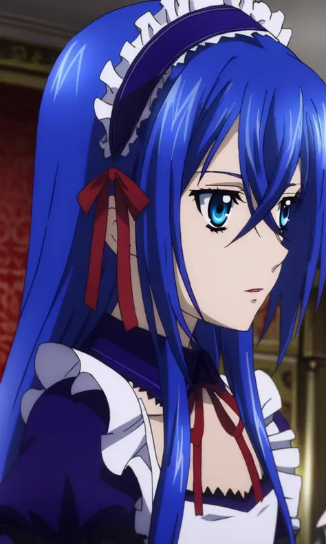 astarte\(strike the blood\),1girl,blue eyes,blue hair,straight hair,hair between eyes,long hair,flat chested,maid dress,red ribbon,apron, astarte\(strike the blood\),1girl,blue eyes,blue hair,straight hair,hair between eyes,long hair,flat chested,maid dress,red ribbon,apron, highly detailed, cinematic, light, cool color, modern, focused, intricate, elegant, romantic, thought, full background, extremely fine detail, sharp focus, professional composition