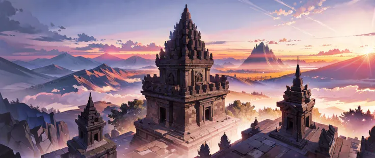landscape, candijateng at dawn, epic, fog, temple stone, ornament, ornate, details, forest, dim light, mountain, <lora:ARWCandiJateng:1>