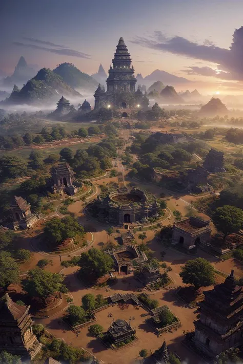 landscape, a tiger in front of candijateng at dawn, epic, fog, temple stone, ornament, ornate, details, forest, dim light, mountain, forest <lora:ARWCandiJateng:1>, advntr, <lora:sceneConcept_s_v2:0.6>