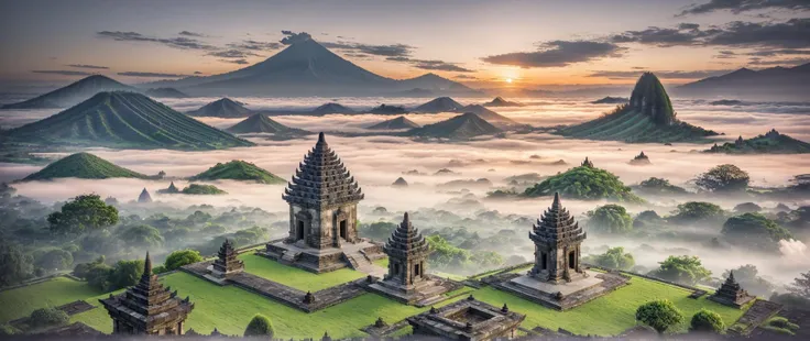 landscape, candijateng at dawn, epic, fog, temple stone, ornament, ornate, details, forest, dim light, mountain, <lora:ARWCandiJateng:1>