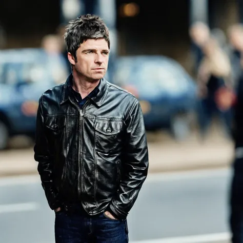 Noel Gallagher, a man in old leather jacket loos aside on some distant object with a serious look on his face, in style of street photography, professional photographic settings, cinematic lighting, dynamic angles, best quality, top quality, high resolution ultra-high definition, 8k, 4k,