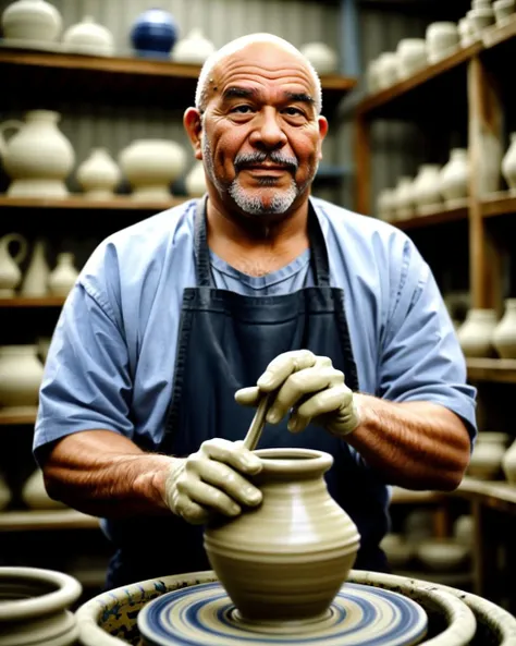 pottery, bald bared man, <lora:pottery_v1:0.5>, pottery studio, crewmate