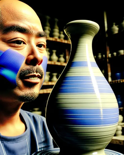 bald bared man, <lora:pottery_v1:0.7>, ten studio, what, artificial red, bar censor, crewmate, lube, giving, food, symbol, objectification, close-up, gradient, potter, striped, shiny, artist name, signature