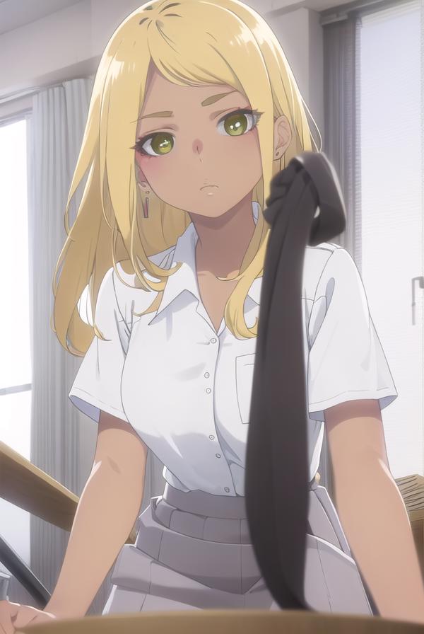 Anime girl with blonde hair and green eyes sitting on a bed - SeaArt AI