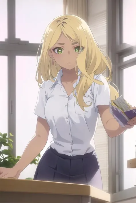 sonoejuujou, <lora:sonoe juujou s1-lora-nochekaiser:1>,
sonoe juujou, long hair, blonde hair, (green eyes:1.3), dark skin, dark-skinned female,
BREAK earrings, skirt, shirt, school uniform, white shirt, short sleeves, collared shirt, shirt tucked in,
BREAK indoors, classroom,
BREAK looking at viewer, (cowboy shot:1.5),
BREAK <lyco:GoodHands-beta2:1>, (masterpiece:1.2), best quality, high resolution, unity 8k wallpaper, (illustration:0.8), (beautiful detailed eyes:1.6), extremely detailed face, perfect lighting, extremely detailed CG, (perfect hands, perfect anatomy),