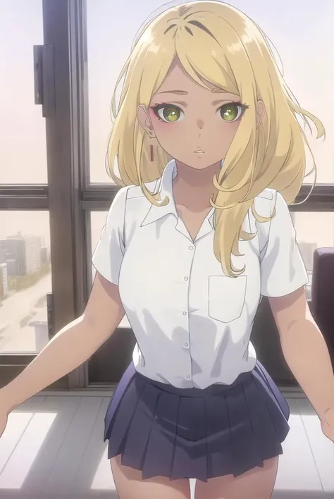 sonoejuujou, <lora:sonoe juujou s1-lora-nochekaiser:1>,
sonoe juujou, long hair, blonde hair, (green eyes:1.3), dark skin, dark-skinned female,
BREAK earrings, skirt, shirt, school uniform, white shirt, short sleeves, collared shirt, shirt tucked in,
BREAK indoors, classroom,
BREAK looking at viewer, (cowboy shot:1.5),
BREAK <lyco:GoodHands-beta2:1>, (masterpiece:1.2), best quality, high resolution, unity 8k wallpaper, (illustration:0.8), (beautiful detailed eyes:1.6), extremely detailed face, perfect lighting, extremely detailed CG, (perfect hands, perfect anatomy),