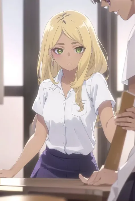 sonoejuujou, <lora:sonoe juujou s1-lora-nochekaiser:1>,
sonoe juujou, long hair, blonde hair, (green eyes:1.3), dark skin, dark-skinned female,
BREAK earrings, skirt, shirt, school uniform, white shirt, short sleeves, collared shirt, shirt tucked in,
BREAK indoors, classroom,
BREAK looking at viewer, (cowboy shot:1.5),
BREAK <lyco:GoodHands-beta2:1>, (masterpiece:1.2), best quality, high resolution, unity 8k wallpaper, (illustration:0.8), (beautiful detailed eyes:1.6), extremely detailed face, perfect lighting, extremely detailed CG, (perfect hands, perfect anatomy),