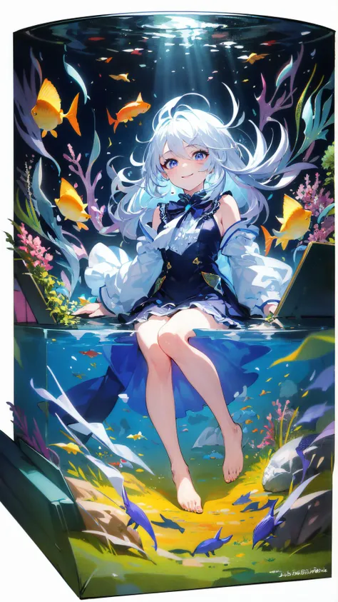 [(Transparent background:1.5)::5],(((masterpiece))),(((best quality))),(((extremely detailed))),illustration, 1girl,solo,mysterious,vivid color,shiny, underwater transparent sealed hemispherical glass dome, (white hair),(purple eyes), full body,barefoot,long hair tranquil nature, koi,Underwater, Dome,close up,Dynamic actions,Lens perspective,(((Box composition))),sit cross-legged and lean against the bookshel, volumetric lighting, multi-color eyes, detailed eyes, hyper detailed,light smile, highly detailed, beautiful, small details, ultra detailed, best quality, intricate, 4k, 8k, trending on artstation, good anatomy, beautiful lighting, award-winning,
<lora:add_detail:0.4>
 <lora:tutu's Vibrant Colors:0.7>