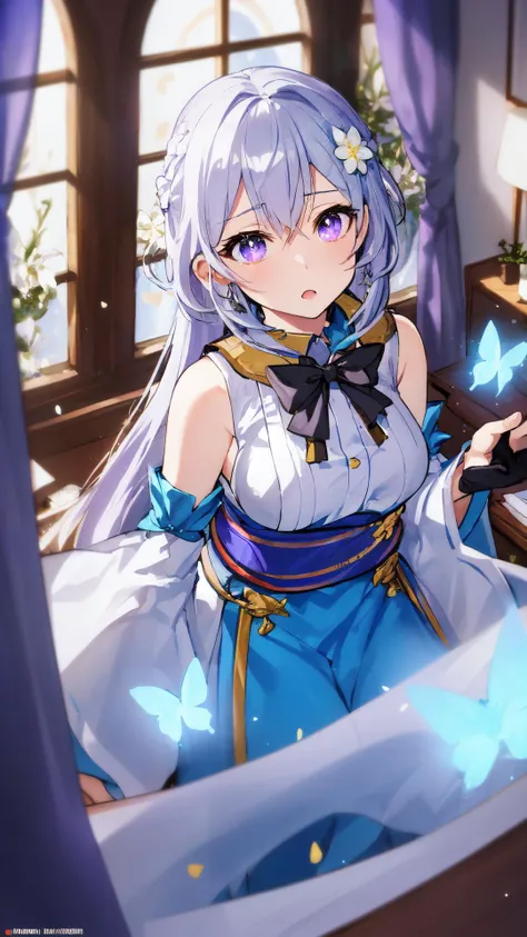 (Overhead view),dynamic angle,ultra-detailed, illustration, close-up, straight on, 1girl, (fantasy:1.4), ((purple eyes)),Her eyes shone like dreamy stars,(glowing eyes:1.233),(beautiful and detailed eyes:1.1),(Silver hair:1.14),(messy hair,very long hair,french braid,hair between eyes,sidelocks), (+(bule hair flower:1.14)),(chiffon dress,bule flower pattern in uniform)/=(military uniform:1.24),(detached sleeves,wide sleeves),(fingerless gloves),choker,(miko thighhighs),High heeled boots,(expressionless,closed mouth),(standing), (classical Princess boudoir with dressing table<books> and french window<a epic view outside the window> in a white ancient palaces),(white flowers,bloom),(abysmal sea),(flowing water),(a dull blue world tree:1.14),(ruins),(night:1.2),dreamy,soul,(fluorescence),(flying translucent blue butterflies:1.15), [[delicate fingers and hands:0.55]::0.85],(detail fingers),(yubao:0.5),
 <lora:tutu's Vibrant Colors:0.7>