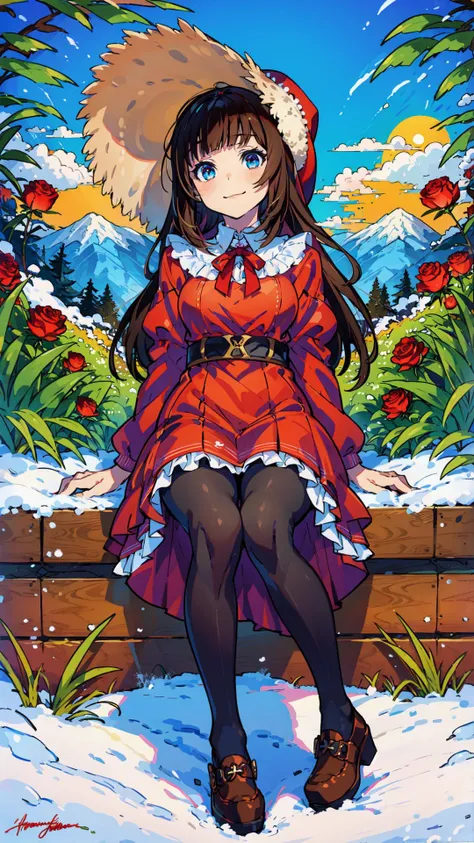 masterpiece, high quality,
winter, snow field, 1girl, bangs, blue eyes, blunt bangs, bonnet, brown footwear, brown hair, dress, frills, fruit, full body, hat, long hair, long sleeves, looking at viewer, pantyhose, purple dress, red flower, red rose, rose, shoes, sitting, solo, sky, sun, mountain, forest, lake,
<lora:tutu's Vibrant Colors:0.75>