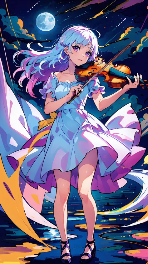 masterpiece, high quality,
1girl, full body,white hair,long hair,purple eyes, slim body,slim legs,playing violin,white dress,night,moon,shootig star,cloud,lakeshore,
<lora:tutu's Vibrant Colors:0.75>