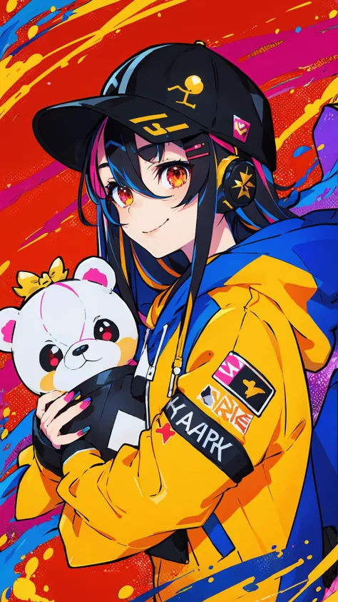 (masterpiece, high quality, highres,illustration),1girl, teddy bear, baseball cap, hat, solo, stuffed animal, stuffed toy, smile, long hair, hood down, jacket, hood, headphones, closed mouth, purple hair, long sleeves, fingernails, nail polish, sleeves past wrists, looking at viewer, multicolored eyes, bangs, hooded jacket, yellow nails, red jacket, multicolored nails, hair ornament, object hug, blush, red nails, white headwear, upper body, purple eyes, claw pose, heart, black headwear, hand up, bow, hoodie, hairclip, nail art, button badge, very long hair, hair between eyes, orange nails, puffy long sleeves, puffy sleeves, black bow, badge, holding, drawstring, red eyes, pink nails, star (symbol), multicolored hair, blue nails, holding stuffed toy, lightning bolt symbol, colorful, looking to the side
<lora:tutu's Vibrant Colors:0.75>