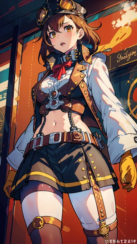 masterpiece, high quality,
(8k, RAW photo, best quality, masterpiece:1.2), (realistic, photo-realistic:1.4), highres, ultra-detailed, extremely detailed, depth of field,science fiction, 1girl, with ripped abs, exposed waist, exposed stomach, solo, (steampunker:1.5), black hair, long hair, hat, hat ornament, gear ornament, white shirt, capelet, tassel, white sleeves, long sleeves, gloves, high collar, intricate details, bronze skirt, frilled skirt, utility belt, pantyhose, pouch, strap, buckle, steampunk city, The overall composition should have the a focus on the character's appearance,
 <lora:tutu's Vibrant Colors:0.75>