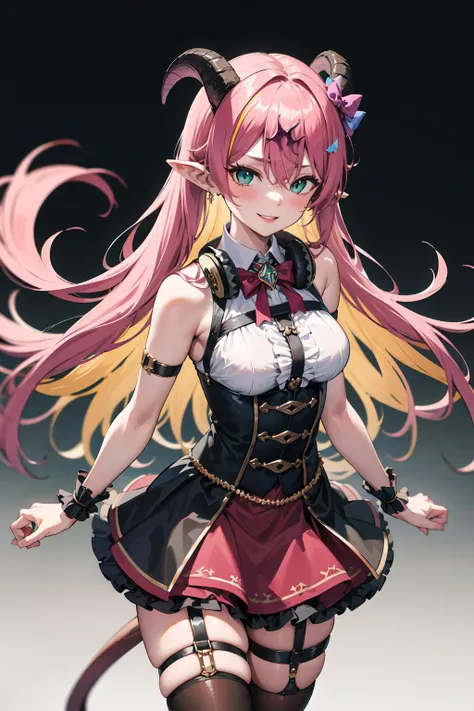 masterpiece, best quality, highres, aloe1, 1girl, solo, pointy ears, multicolored hair, asymmetrical horns, demon horns, hair ornament, blonde hair, chest harness, thighhighs, long hair, asymmetrical legwear, pink hair, sleeveless, bare shoulders, demon tail, thigh strap, wrist cuffs, green eyes, arm strap, skirt, horn bow, mismatched legwear, sleeveless horn ornament, bangs, headphones around neck, uneven legwear, hair between eyes, <lora:mano_aloe_v10:0.6>, cowboy shot, smile,