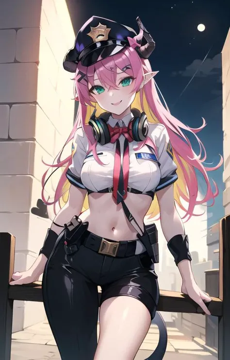 (SFW), masterpiece, best quality, highres 64k, professional artwork, famous artwork, clean, cinematic lighting, beautiful green eyes + detail, beautiful hair + detail, 1girl, sexy young female body:1.3, (beautiful medium breasts), lactation, happy:1.3, smile:1.3, appreciated looking at the viewer,  aloe1, 1girl, solo, pointy ears, multicoloured hair, asymmetrical horns, demon horns, hair ornament, blonde hair, long hair, pink hair, demon tail, horn bow, bangs, headphones around neck,  hair between eyes,  <lyco:Police_Woman:0.8>, (((sexypolice:1.3), sexy police uniform,))partially unbuttoned,  outdoor, at night, under the big moon,  <lora:mano_aloe_v10:0.5>,