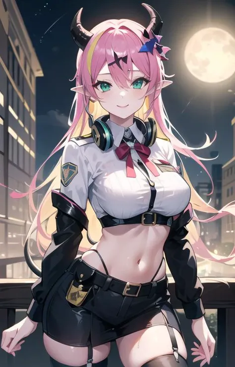 (SFW), masterpiece, best quality, highres 64k, professional artwork, famous artwork, clean, cinematic lighting, beautiful green eyes + detail, beautiful hair + detail, 1girl, sexy young female body:1.3, (beautiful breasts), lactation, happy:1.3, smile:1.3, appreciated looking at the viewer, aloe1, 1girl, solo, pointy ears, multicoloured hair, asymmetrical horns, demon horns, hair ornament, blonde hair, long hair, pink hair, demon tail, horn bow, bangs, headphones around neck, hair between eyes, <lyco:Police_Woman:0.8>, (sexypolice:1.3), sexy police uniform, outdoor, at night, under the big moon, <lora:mano_aloe_v10:0.5>,