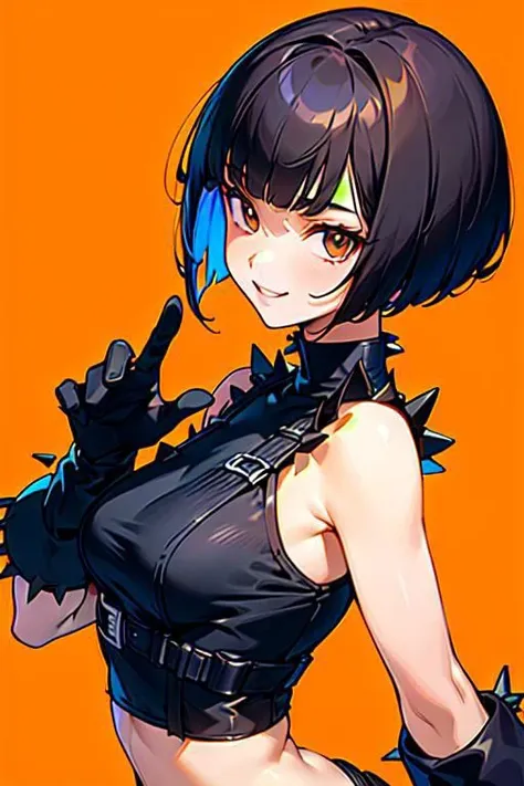 spiky bald hairstyle, short hair, mexican skin, gloves, Fishnet tight, fishnet crop top military, 1girl ,dark black hair, ((hair cut super short,)), soft Brown eyes, smile lips, hold a bomb botton