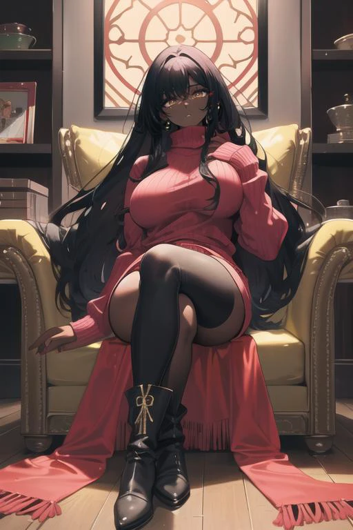 beautiful Dark-skinned woman, Tall, curvy, wide hips, thick thighs, with red Long hair with bangs covering one eye, beautiful Deep-Yellow colored eyes, large breasts, solo, Oversized Aran sweater with leggings and chunky lace-up ankle boots that is pink, Sitting with legs crossed at ankles, indoors, upper body shot, <lora:ç¼çå:0.7>, <lyco:GoodHands-beta2:0.7>, brooding expression
