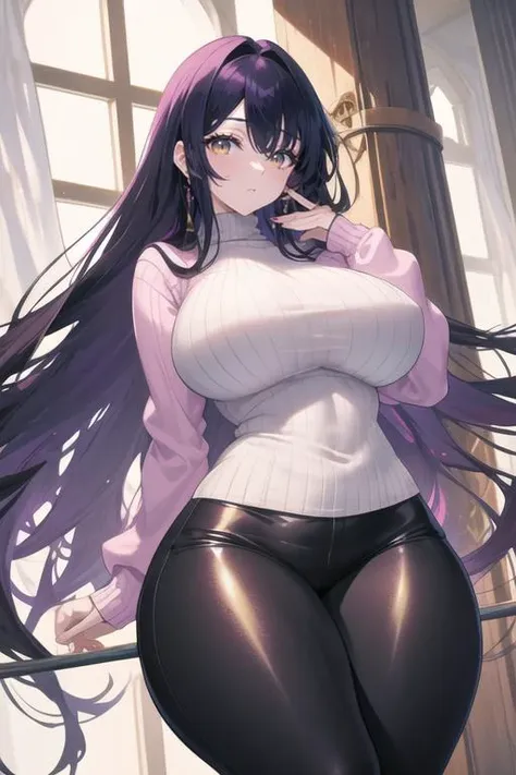 beautiful fair-skinned woman, Tall, curvy, wide hips, thick thighs, with purple Long hair with bangs covering one eye, beautiful Deep-Yellow colored eyes, large breasts, solo, Textured Aran sweater with leather pants and pointed-toe pumps that is pink, Balancing in a tree pose, indoors, upper body shot, <lora:ç¼çå:0.7>, <lyco:GoodHands-beta2:0.7>, blissful expression