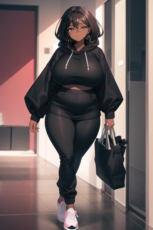 beautiful Dark-skinned woman, Tall, curvy, wide hips, thick thighs, with light brown braided hair, beautiful pitch black colored eyes, large breasts, solo, Aran sweater hoodie with joggers and chunky sneakers that is pink, Balancing on one foot, indoors, upper body shot, <lora:ç¼çå:0.7>, <lyco:GoodHands-beta2:0.7>, extroverted expression