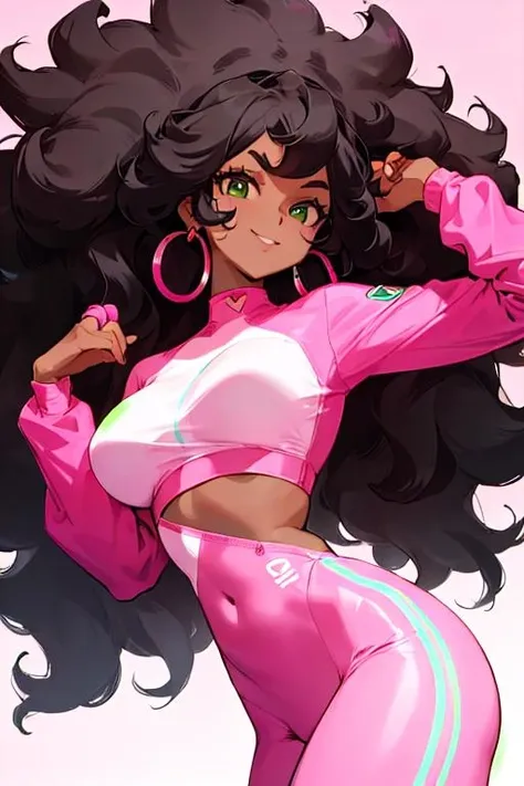 1girl, dark-skinned woman, solo, large black afro hair, wearing a seamless fully pink Nylon outfit with pink leggings , pink long sleeve tight-fitting shirt, no logos, long afro hair, green eyes, large ring earrings, smile, jewelry, looking at the viewer, earrings, Black hair,