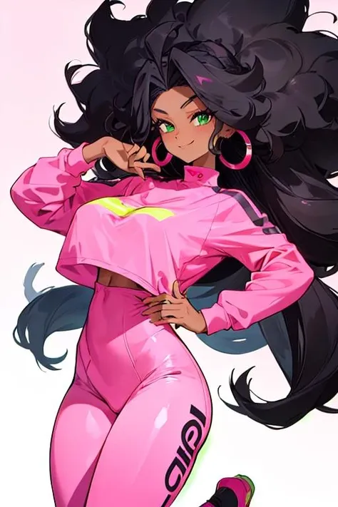 1girl, dark-skinned woman, solo, large black afro hair, wearing a seamless fully pink Nylon outfit with pink leggings , pink long sleeve tight-fitting shirt, no logos, long afro hair, green eyes, large ring earrings, smile, jewelry, looking at the viewer, earrings, Black hair,