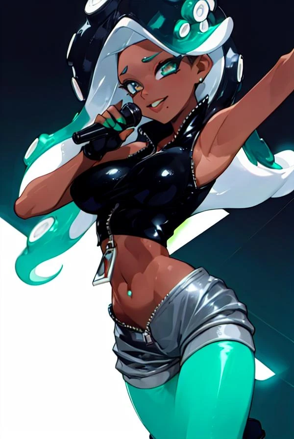 Marina, dark skin, solo, dancing, close up shot, Cheerful expresion, holding microphone, wearing a sleeveless black crop top covering her chest with a large mostly unzipped silver zipper , leaving her midriff visible,She has black shorts with a diagonal waistline and slanted deep teal lines over teal tights, black fingerless gloves, and black boots with big undone silver zippers, CONSERT background, vibrant lights <lora:Marina:0.8>, <lora:GoodHands-vanilla:0.7>