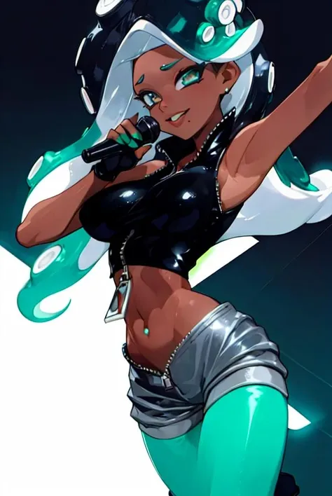 Marina, dark skin, solo, dancing, close up shot, Cheerful expresion, holding microphone, wearing a sleeveless black crop top covering her chest with a large mostly unzipped silver zipper , leaving her midriff visible,She has black shorts with a diagonal waistline and slanted deep teal lines over teal tights, black fingerless gloves, and black boots with big undone silver zippers,  CONSERT background, vibrant lights <lora:Marina:0.8>, <lora:GoodHands-vanilla:0.7>