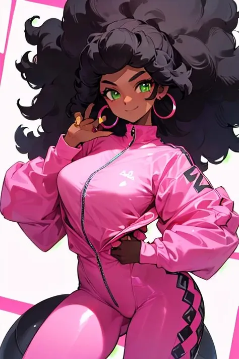 1girl, dark-skinned girl, solo, large black afro hair, wearing a seamless zipperless fully pink Nylon outfit with pink leggings , pink long sleeve tight0fitting Nylon shirt, no logos, long afro hair, green eyes, large ring earrings, smile, jewelry, looking at the viewer, earrings, Black hair,