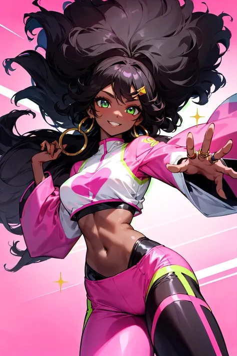 1girl, dark-skinned girl, solo, large black afro hair,Wearing pink legging, wearing pink crop top with bell sleeves. no logos, long afro hair, green eyes, large ring earrings, smile, jewelry, looking at the viewer, earrings, Black hair, dynamic angle, single shot,