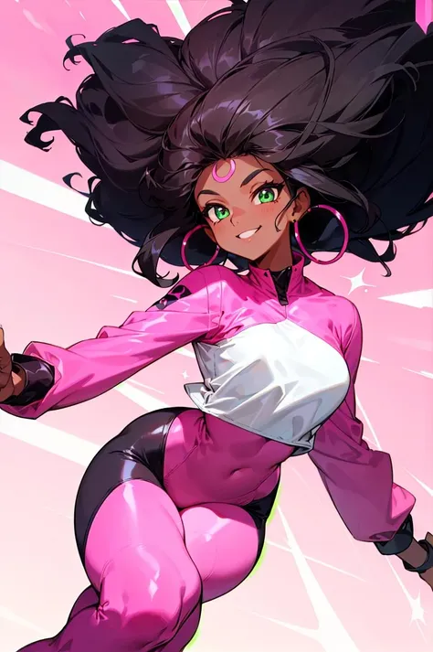 1girl, dark-skinned girl, solo, large black afro hair, wearing a fully pink Nylon outfit with pink leggings , simple pink long sleeve tight-fitting Nylon shirt, no logos, long afro hair, green eyes, large ring earrings, smile, jewelry, looking at the viewer, earrings, Black hair, dynamic angle, single shot,