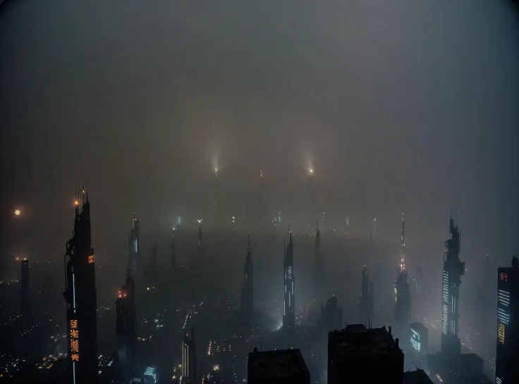 view from afar, ominous tall city lights piercing through dense smog, cyberpunk, dark night, blade runner <lora:bldr:0.5> bldr