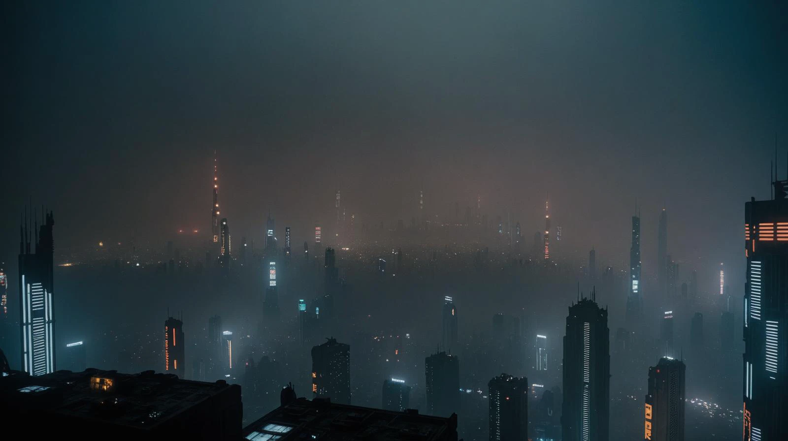 view from afar, ominous tall city lights piercing through dense smog, cyberpunk, dark night, blade runner <lora:bldr:0.3> bldr