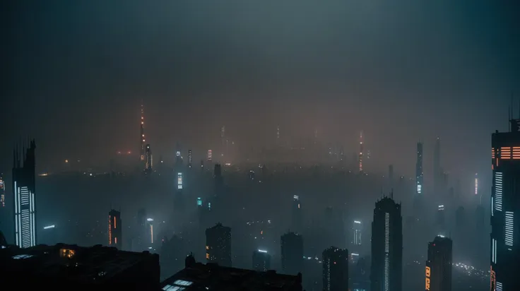 view from afar, ominous tall city lights piercing through dense smog, cyberpunk, dark night, blade runner <lora:bldr:0.3> bldr