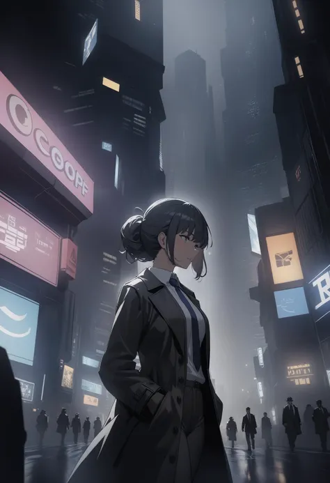 1girl, solo, formal, pant suit, white shirt, necktie, trench coat, walking, cyberpunk, science fiction, bldr, night, fog, city lights, cityscape, neon lights, building, sign, skyscraper, cinematic, shallow depth of field, vignette, highly detailed, high budget, bokeh, cinemascope, moody, film grain, ray traced, masterpiece, best quality, <lora:bldr:0.5>