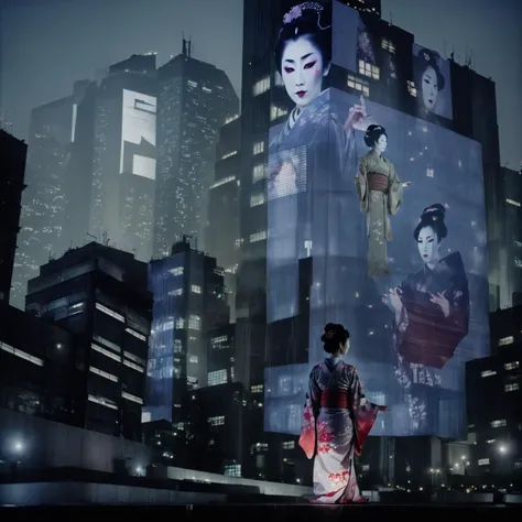 <lora:bldr:0.8>bldr geisha girl projected onto side of skyscraper with light