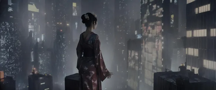 <lora:bldr-000007:0.9>bldr, a city at night with a lot of lights on the buildings with a geisha woman projected onto the side of a skyscraper, blade runner, retrofuturism
