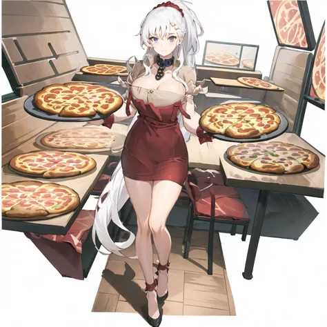 (best quality, masterpiece, detailed:1.1), <lora:belfast512-128-128batch3:1>, belfastpiping ,full shot of a woman in a pizzeria, apron ,beige shirt ,braid ,chain ,choker ,cleavage ,collar ,dress ,earrings ,french braid ,hair ornament ,hairclip ,jewelry ,low neckline ,metal collar ,ponytail ,blue eyes ,red apron ,red scrunchie ,scrunchie ,short dress ,short sleeves ,strap slip ,tied sleeves ,very long hair ,white hair ,wrist cuffs,
<lora:standingFullBodyWithBackgroundStyle_v10Offset:1>, white background, full body, Pizzeria, artstation, hdr, intricate details, rutkowski, intricate , detailed,