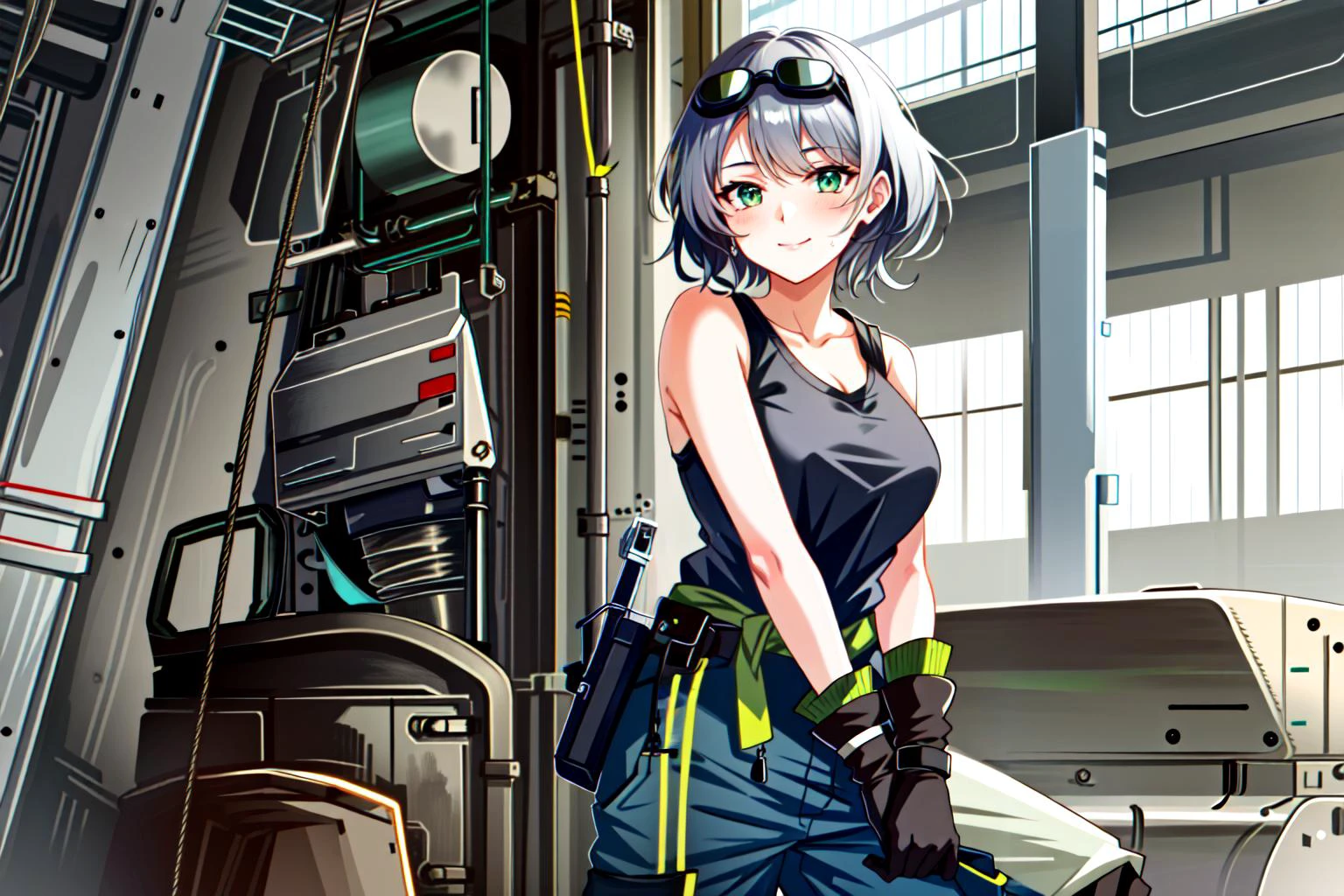 1girl, solo, cowboy shot, grey hair, short hair, single braid, side braid, green eyes, grey shirt, (sleeveless shirt:1.2), sleeveless, collarbone, dirty, dirty clothes, gloves, engineer gloves, oversized gloves, wrench, clothes around waist, baggy pants, pants tucked in, boots, belt boots, eyewear on head, goggles, dirty face, (hangar:1.4), rigging, exoskeleton, drone, sweat, sweatdrop, smile, ground vehicle, mecha, chest strap, shoulder strap, ((masterpiece)), ((best quality)), ((ultra-detailed)), (intricate detail), (illustration), (Highest Quality, Amazing Details:1.4)