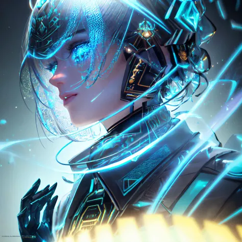 Hyper-realistic medium shot portrait with hyperdimensional artificial humanoid being. beautiful intricately detailed, with regularly textured bioluminescent skin, ornate, hyper futuristic. Character created by artstation, Golden hour, bokeh, creature, digital art by tooth wu and wlop and android jones and beetle and greg rutkowski