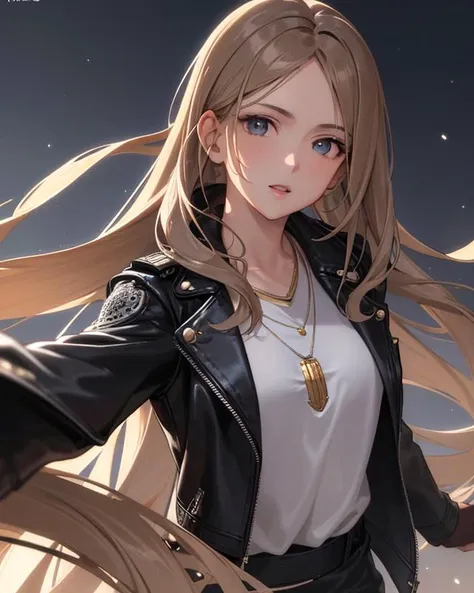 (masterpiece, finely detailed beautiful eyes: 1.2), (light-brown hair:1.2), (light-color eyes:1.1), long pony tail hair, straight hair, (wearing a casual outfit, black leather jacket, necklace:1.2), realistic lighting, beautiful lighting, extremely detailed, sharp, detailed, realism, beautiful face, highly detailed face, detailed eyes, hyper-detailed, volumetric lighting, realistic shadows, smile, intricate details, small details, :o,(moon:1.2), (moonlight:1.1), starry sky, (lighting particle:1.1), (amazing city)