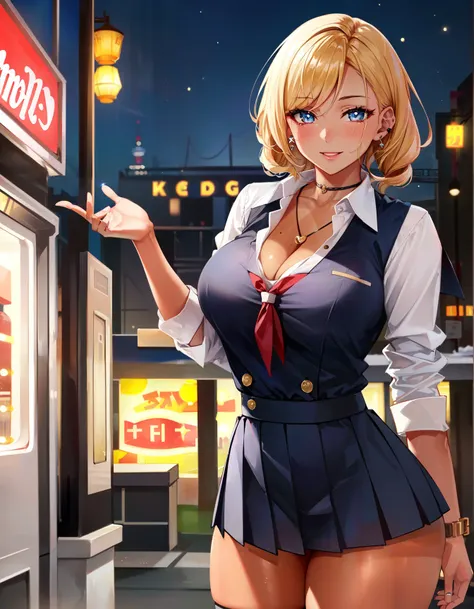 masterpiece, best quality, absurdres, wallpaper, 1girl, gal, (gyaru:1.5),(tan skin:1.5), large breasts, cleavage, thick thighs, wide hips, thick, extremely beautiful, playful, winking, smiling, seductive, short blonde hair, (ear piercing:0.8), thigh highs, skindentation, (school uniform:1.4), gray eyes, vibrant eyes, piercing eyes, focused, city, night time, chinese lanterns, dynamic pose, arcade in the background, sparkles, cosy, cinematic lighting, 8k realistic, beautiful drawing, highly detailed image, high resolution image, scenery, gorgeous location design, spring color palette