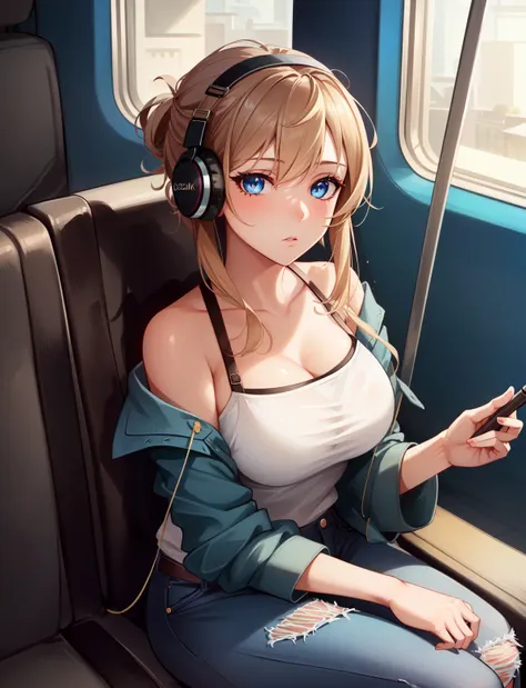 masterpiece, (1girl:1.2), best quality, detailed, 8k, absurdres, large breasts, hd photograph of pretty girl, anime visual of an anime lo-fi sad girl sitting in a train wearing headphones, full sleeve arm tattoo, hipster, grunge, casual clothes, ripped jeans, cinematic gaze, dynamic pose, crisp and sharp, yoshinari yoh, rounded eyes, blue eyes, hair updo, cel shaded, dramatic lighting, fantasy, intricate, elegant, highly detailed, lifelike, photorealistic, digital painting, hdr, high resolution, artstation, smooth, sharp focus