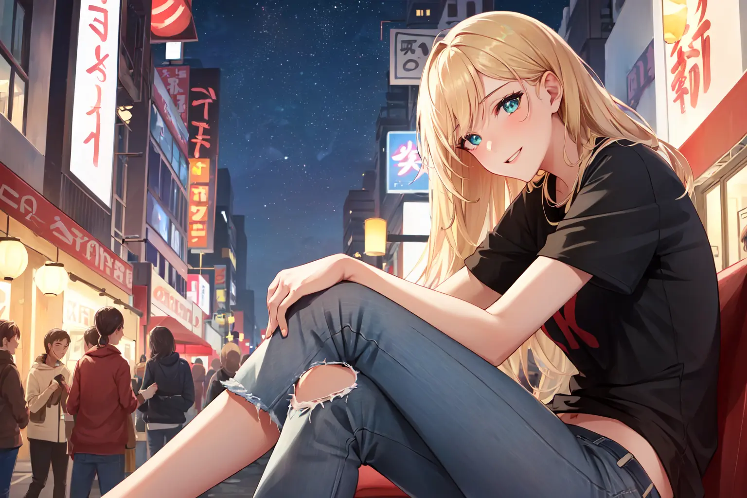 1girl, masterpiece, <lora:Guitarv2:0,8>, (playing guitar:1.2), looking at viewer, metal band t-shirt, jeans short, laughing, green eyes, vibrant eyes, piercing eyes, sitting, legs crossed, city, corner of street, street lights, chinese lanterns, crowd watching girl, sparkles, night time, cosy, long blonde hair, cinematic lighting, 8k realistic, beautiful drawing, highly detailed image, high resolution image, scenery, gorgeous location design, spring color palette