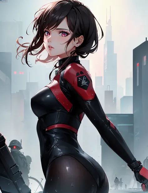 (masterpiece:1.4), (1girl:1.2), best quality, detailed, 8k,cyberpunk bladerunner RPG character painting of japanese girl future tech bodysuit military tatical pants tokyo streets heavy rain raining fog (neon:1.2), (shining red android eyes:1.2), in the style of studio ghibli, anime, cinematic gaze, dynamic pose, crisp and sharp, rounded eyes, wild hair, cel shaded, dramatic lighting, sci-fi, intricate, highly detailed, lifelike, photorealistic, digital painting, hdr, high resolution, artstation, smooth, sharp focus