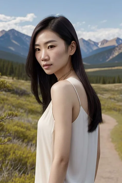 Asian woman, closeup, (shirt), pants, (rocky mountain national park), cross necklace , KM_chantana, wide shoulders, perfect face, (contact iris: 1.1), pale skin, skin pores , depth of field