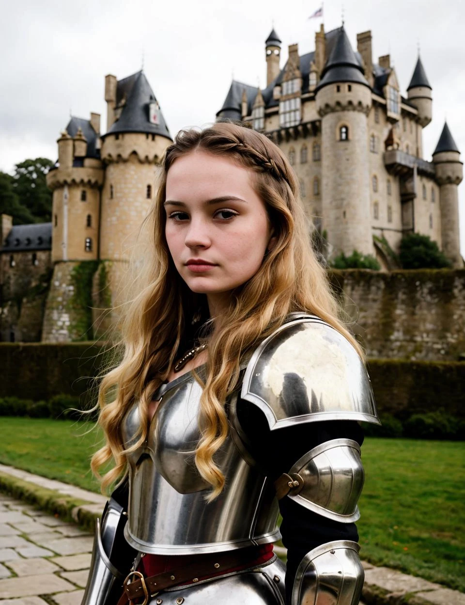 Photography portrait of 21yo girl wearing an armor in the medieval times, long blond hair, castle in the background, gloomy, beautiful, pretty, high quality, lifelike skin texture, photorealistic, very detailed <lora:ASMRDarling_26:1>