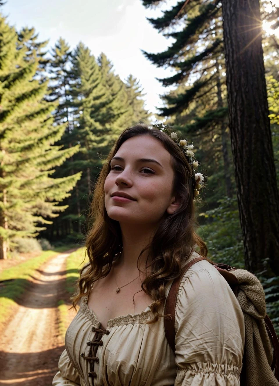 still from a movie, 22yo woman in a forest, looking up at the sky, medieval peasant clothes, smile, lifelike skin texture, dirt, skin pores, soft afternoon light, cinematic lighting, beautiful, epic, best quality, high res, detailed <lora:ASMRDarling_26:1>